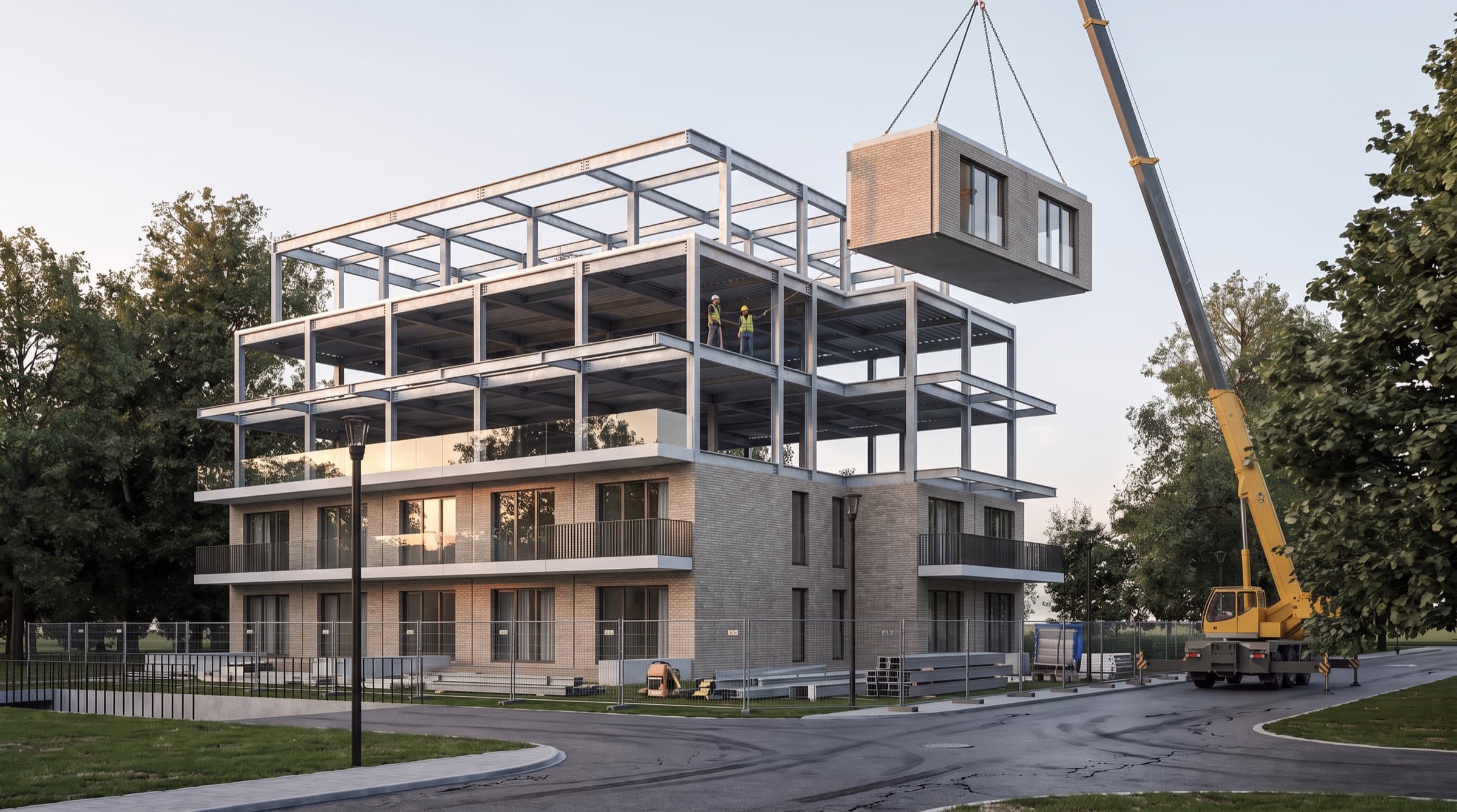 Mehrfamilienhaus im Bau: unten die fertige Klinkerfassade mit Glasbalkonen, darüber das offene Stahlskelett, an dem der Kran ein Raummodul einhebt