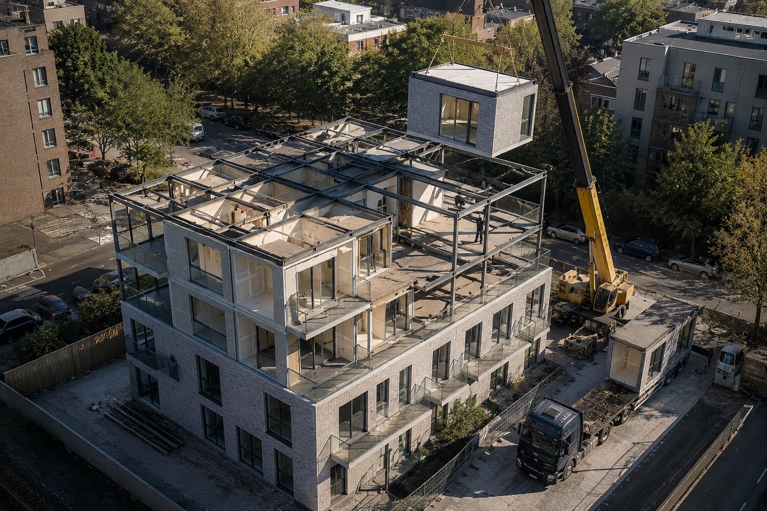 Luftaufnahme einer städtischen Baustelle: Kran hebt ein Modul auf ein halbfertiges Mehrfamilienhaus